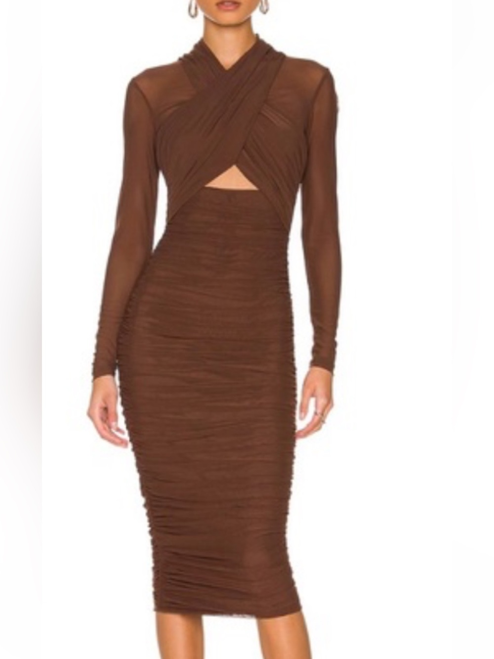 Bardot Chocolate Brown Aliyah  Long Sleeve Ruched bodycon Cutout Midi Dress